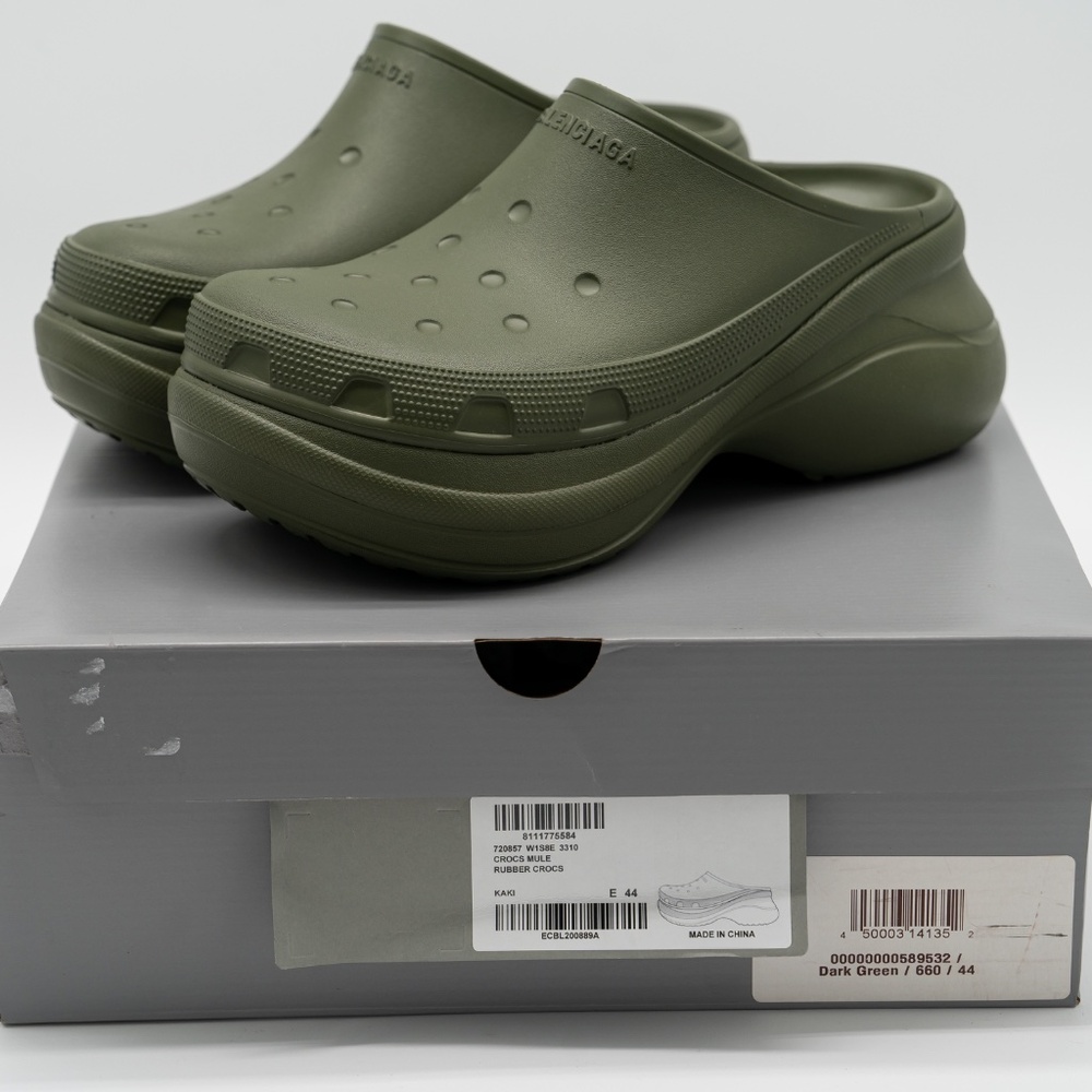size 44 - Balenciaga Crocs Mule Green Khaki Rubber Slide Sandal Platform - Picture 12 of 13